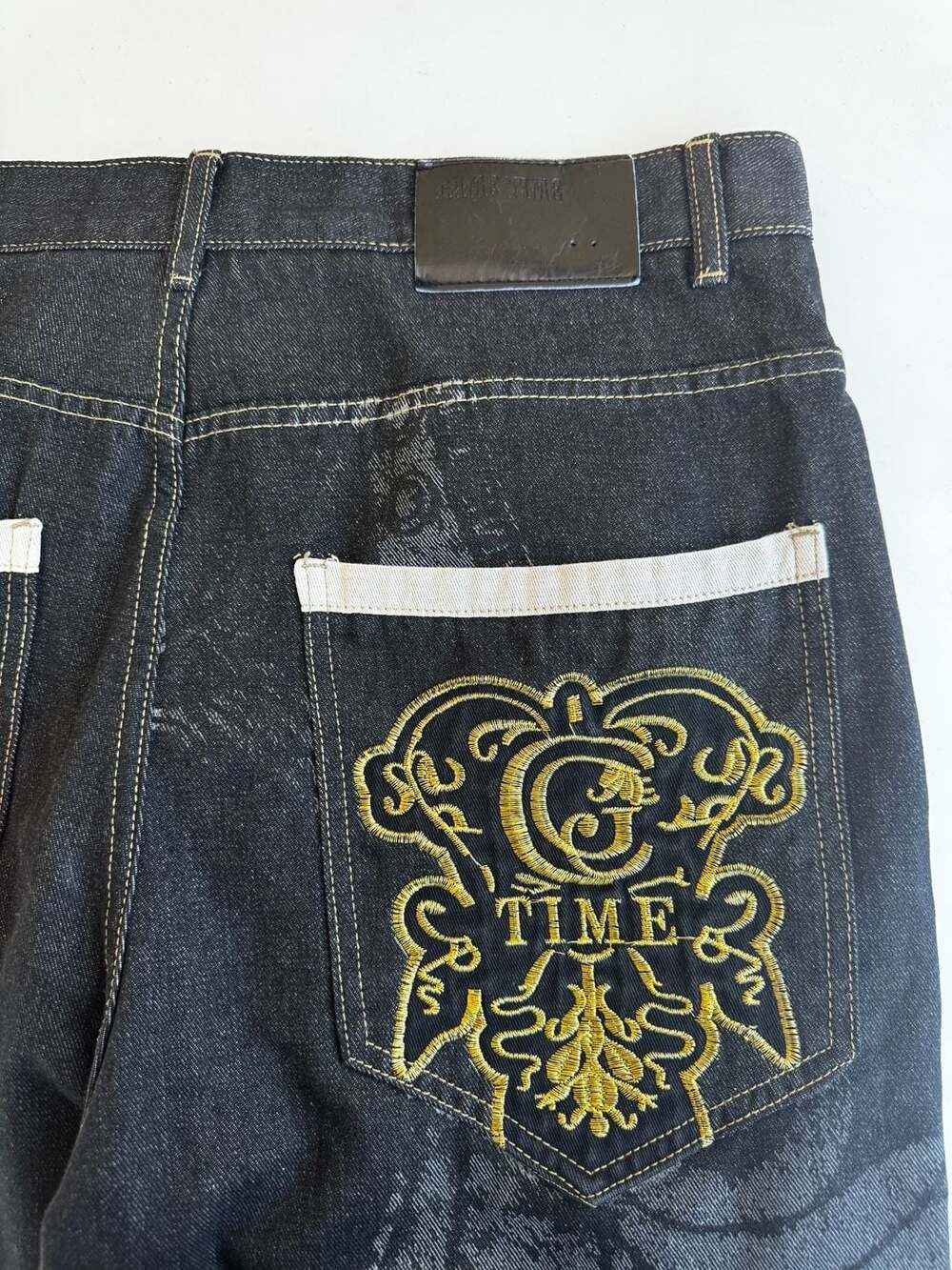 Game Time Vintage Y2K Hip Hop Baggy Embroidered Black Denim Jeans - Picture 6 of 9